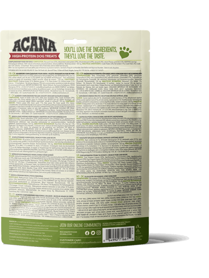 Acana Dog High-Protein Λιχουδιές και σνακς ACANA με υψηλή πρωτεΐνη χωρίς σιτηρά για όλους τους σκύλους.